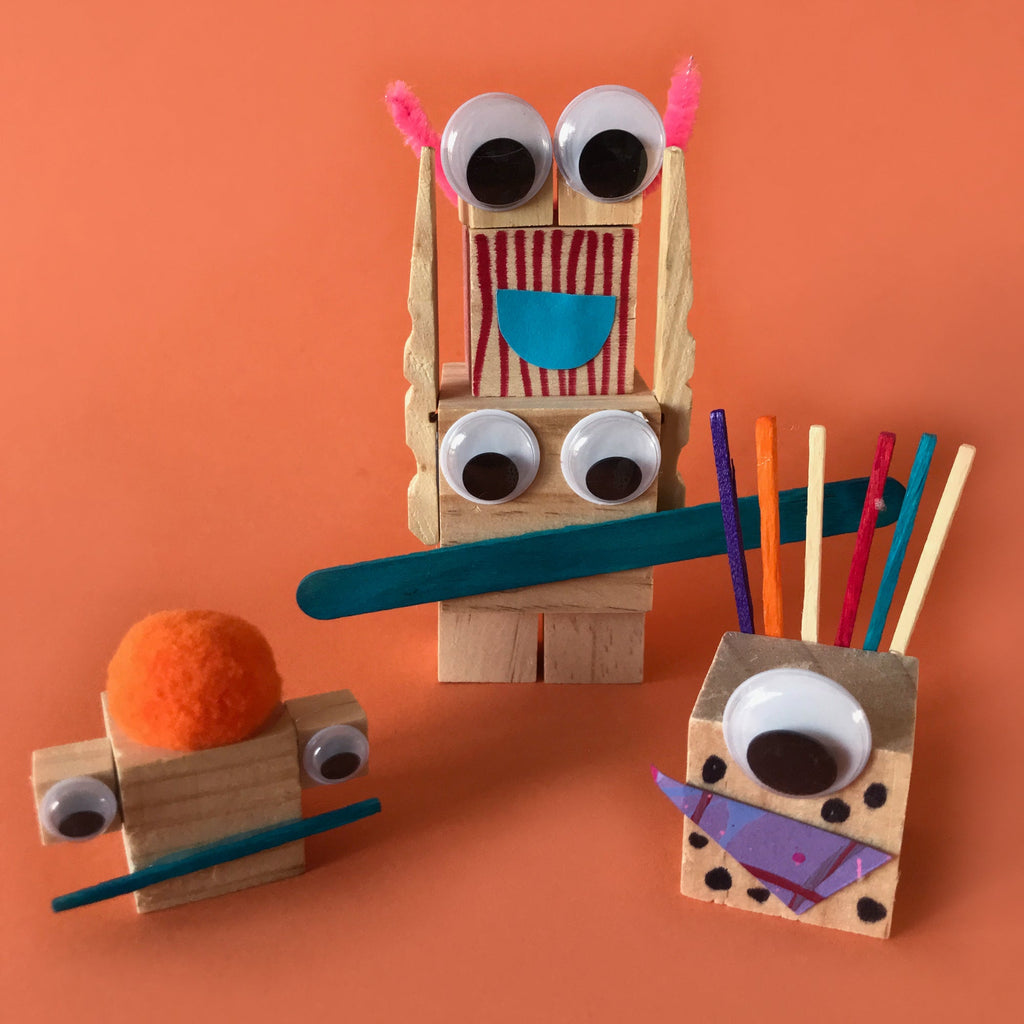 build mini monsters with wooden blocks kids craft activity
