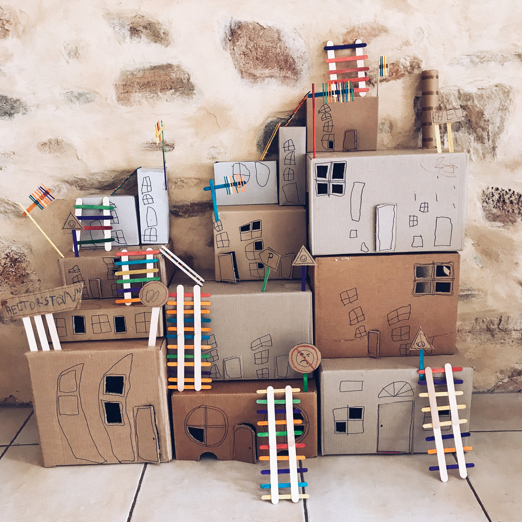 Cardboard box city children's crafts by Mini Mad Things