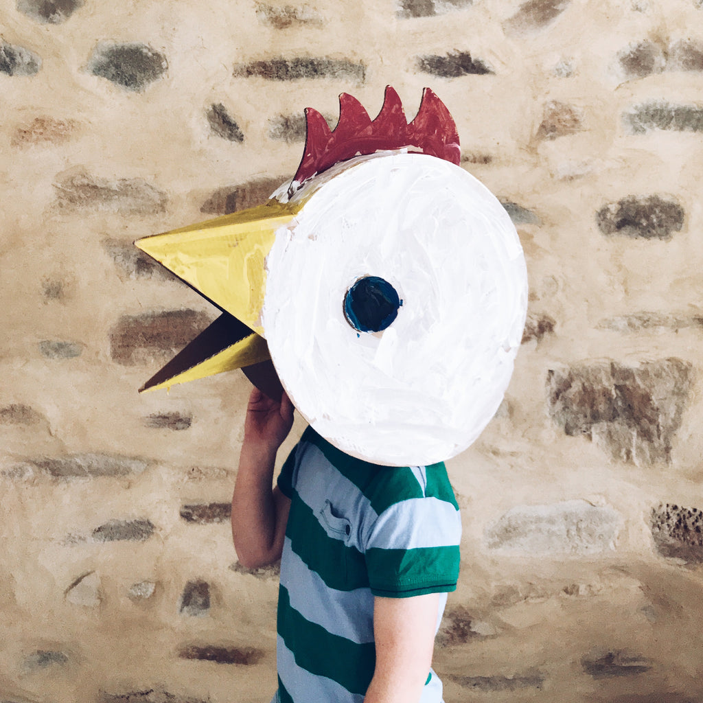 Cardboard chicken head fancy dress costume