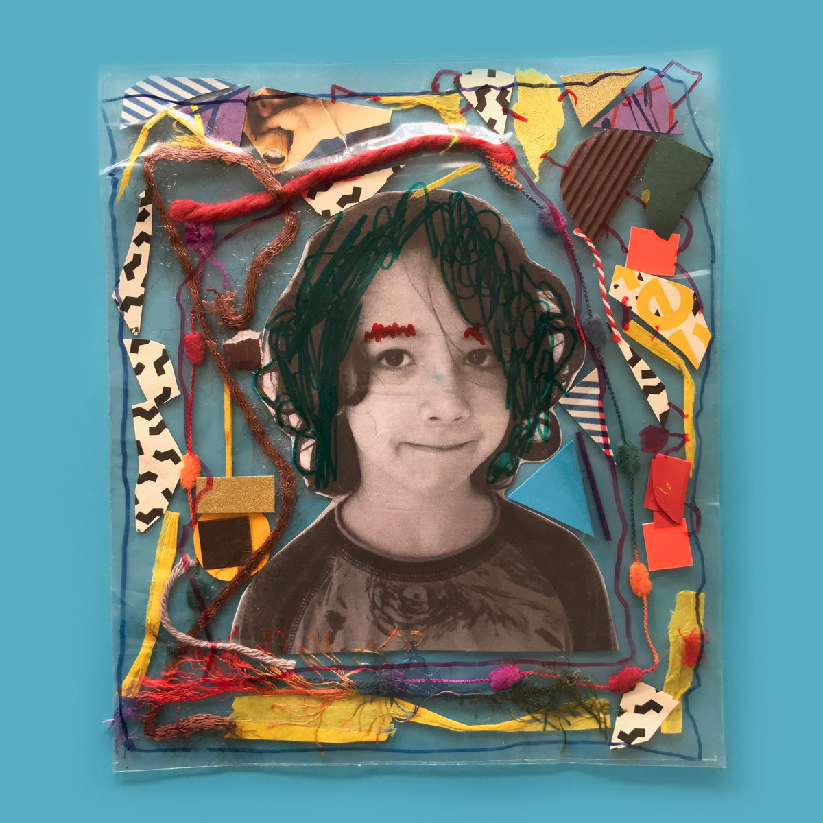 Mixed media kids portraits witt contact paper
