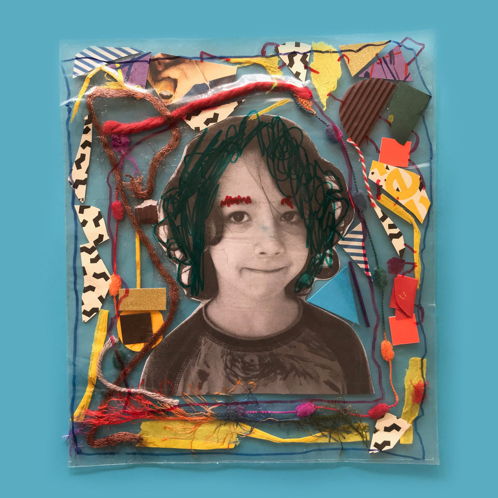 Mixed media kids portraits witt contact paper