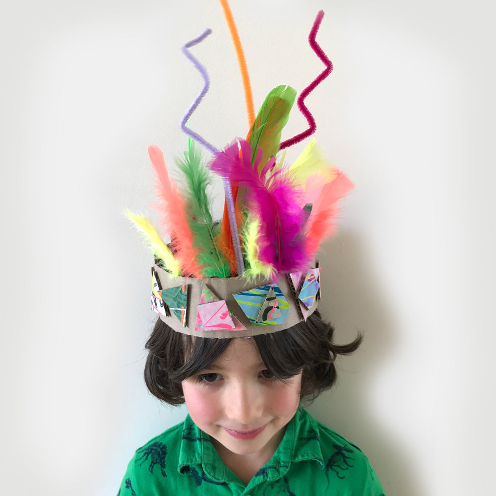 homemade kids party crown with feathers