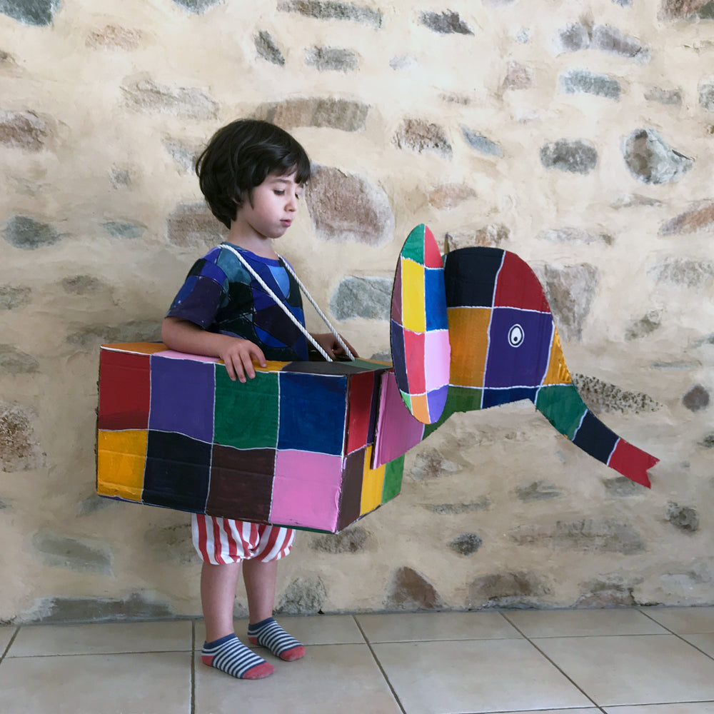 Cardboard box Elmer elephand kids costume