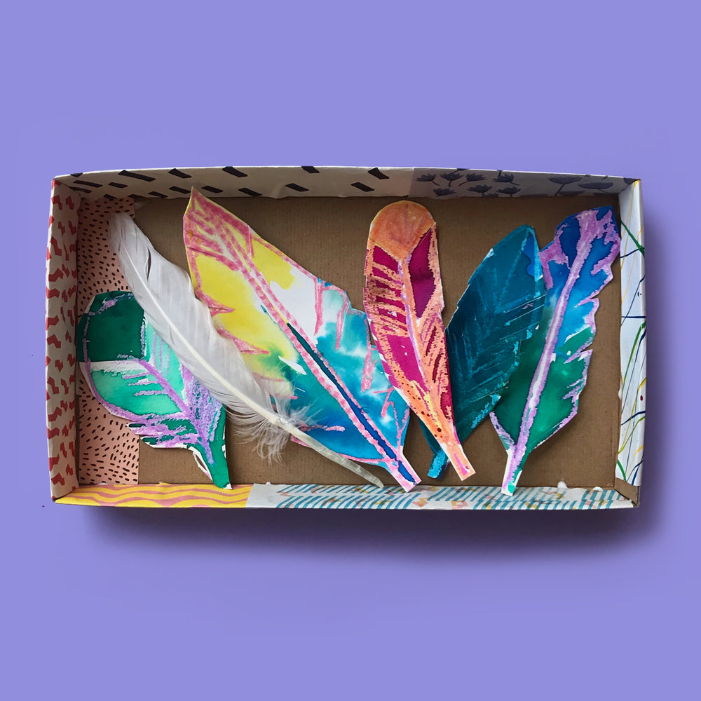 Wax crayon and watercolour feathers kids art in a box