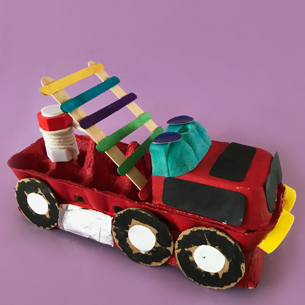 egg carton fire truck kids crafts by Mini Mad Things