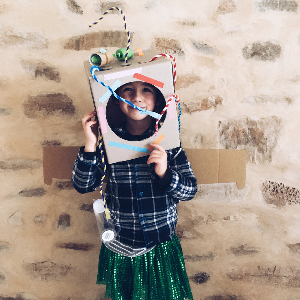 Cardboard box jet pack and space helmet kids DIY fancy dress costume