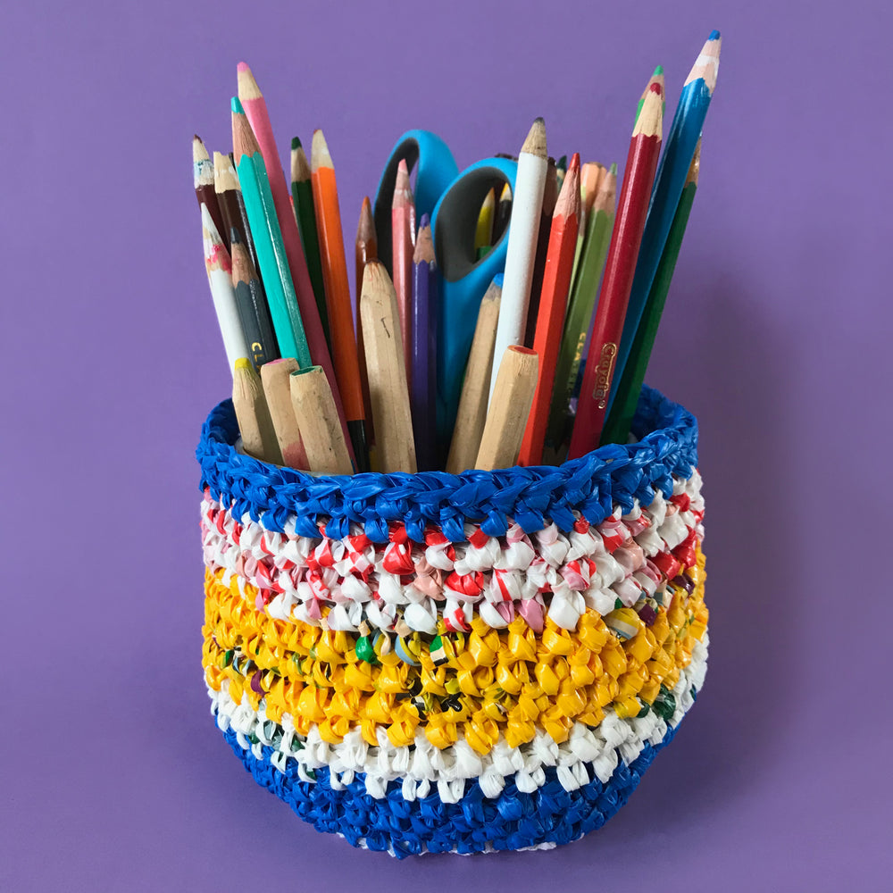 recycled plastic bags made into a crochet basket