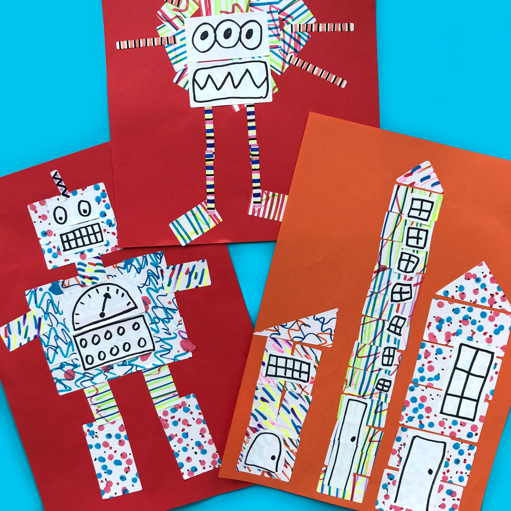 Kids art collage made using address stickers