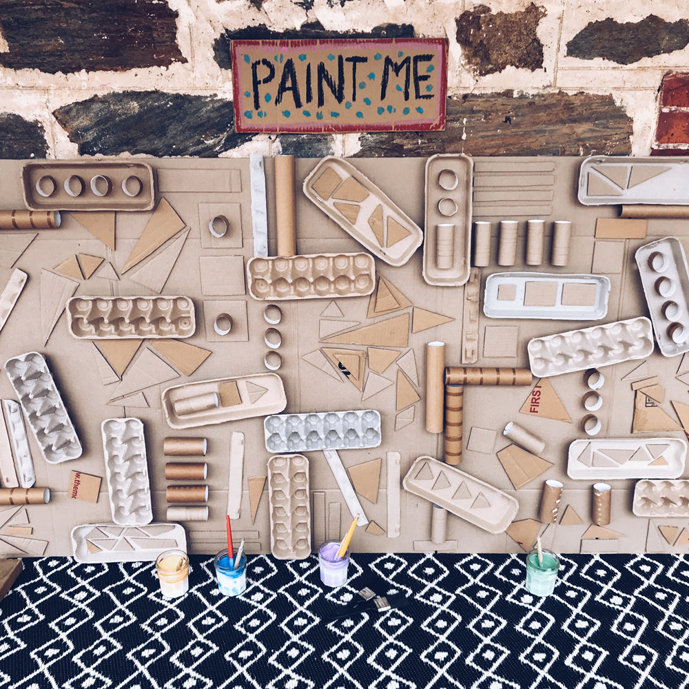 Collaborative recycled cardboard kids painting wall art