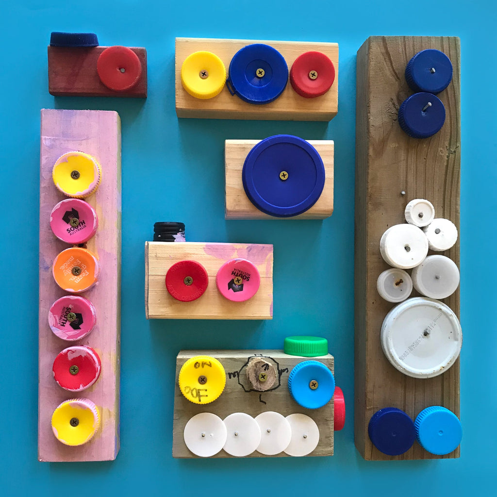 scrap wood with bottle tops kids construction