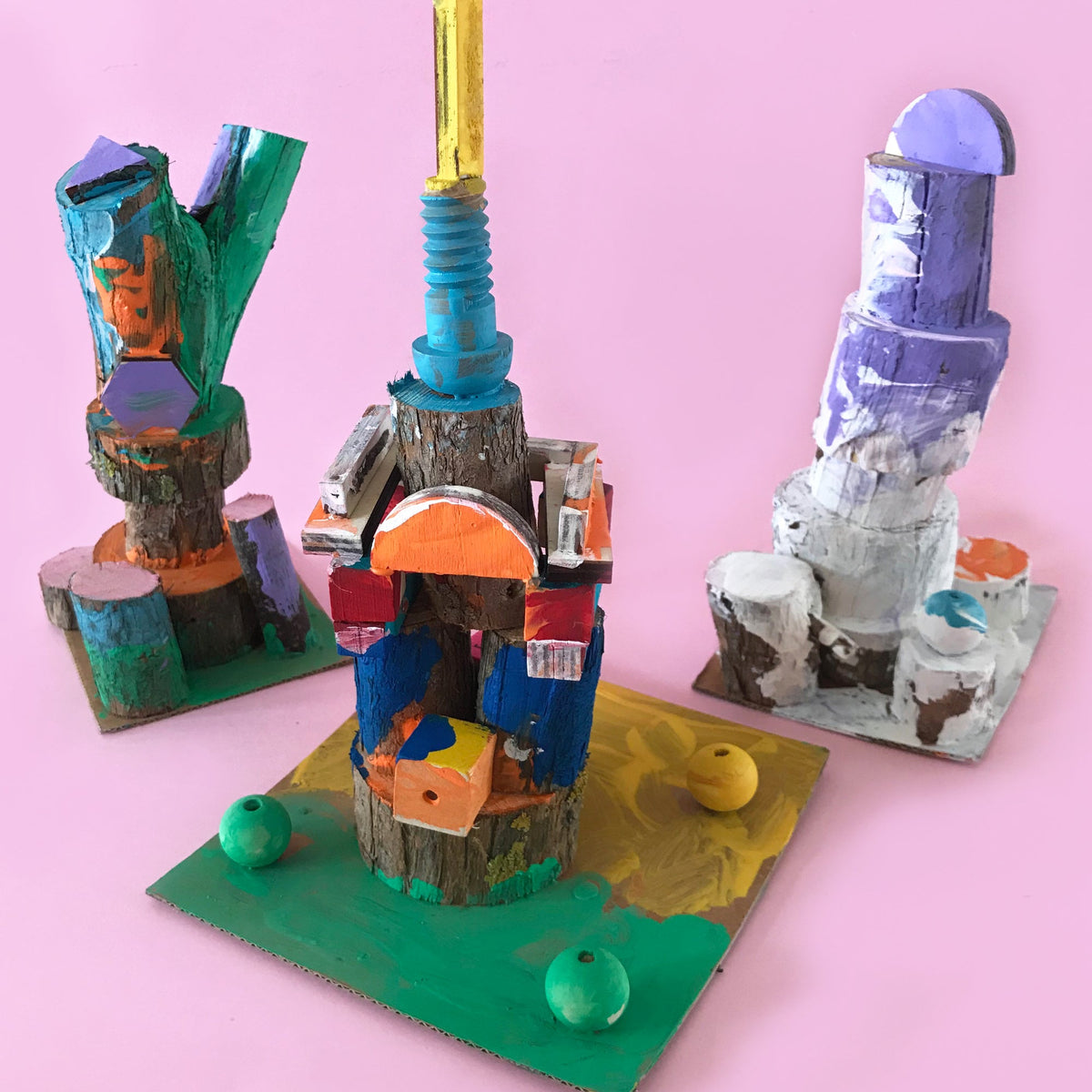 Wooden block sculptures made by children