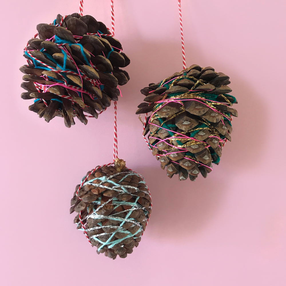 kids yarn wrapped pine cone Christmas decorations
