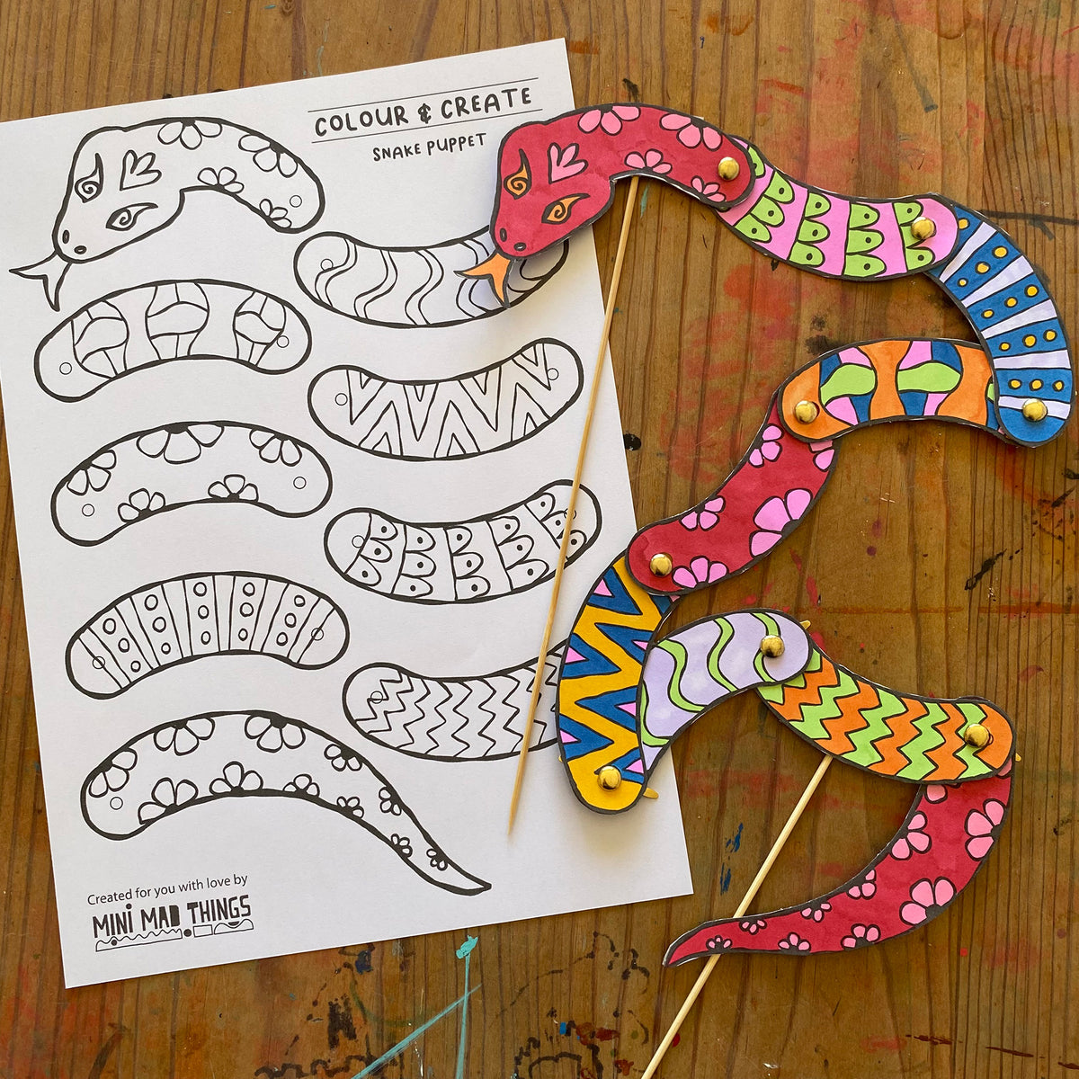 Snake Mini Pattern Snake Puppet printable template - Mini Mad Things