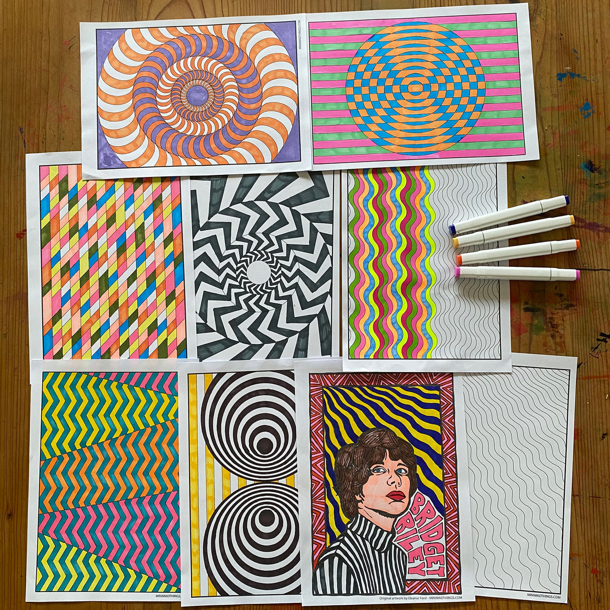 Bridget Riley - Printable colouring in sheets - Mini Mad Things