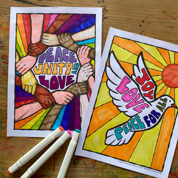 Festive peace, love and unity - Colouring in sheets - Mini Mad Things