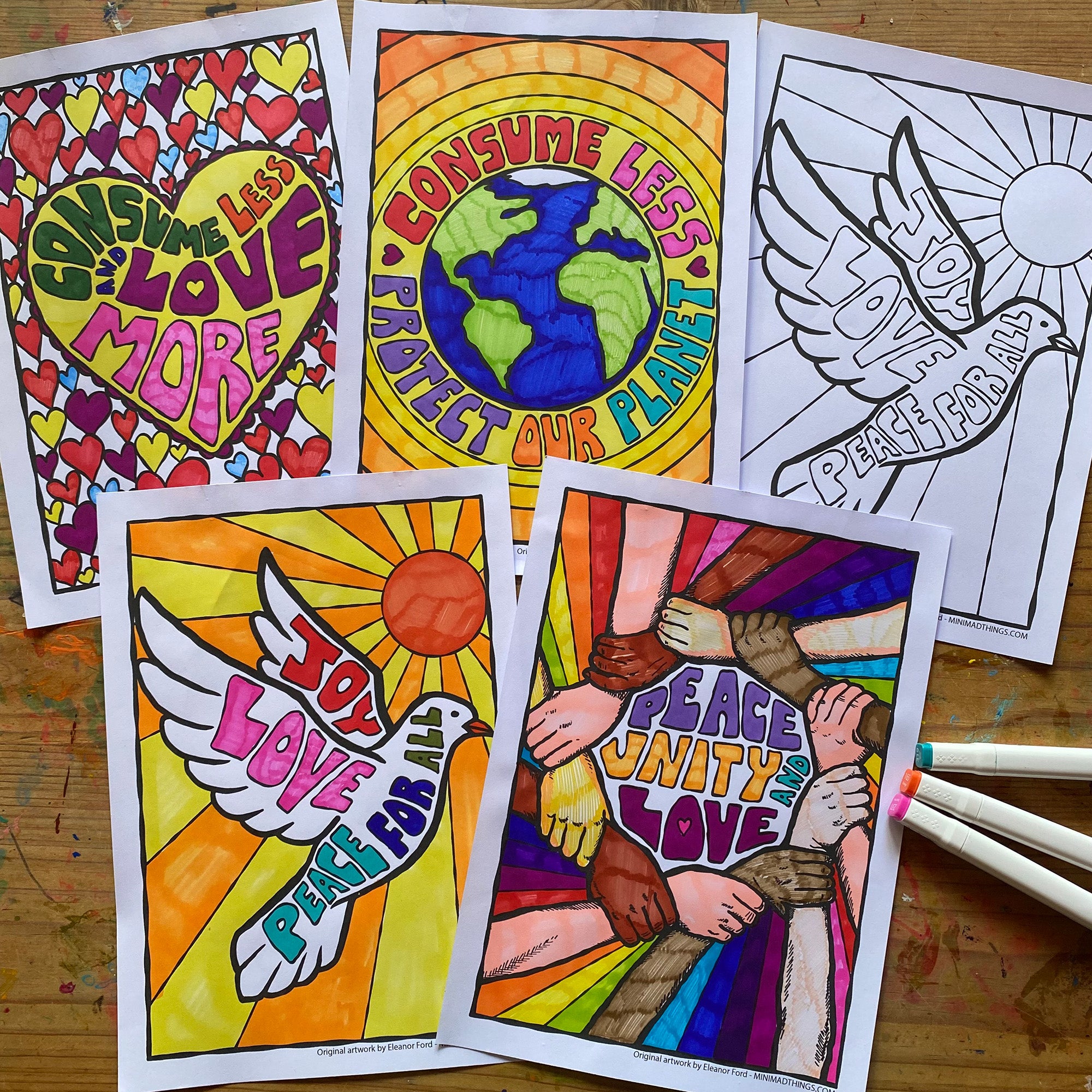 Festive peace, love and unity - Colouring in sheets - Mini Mad Things