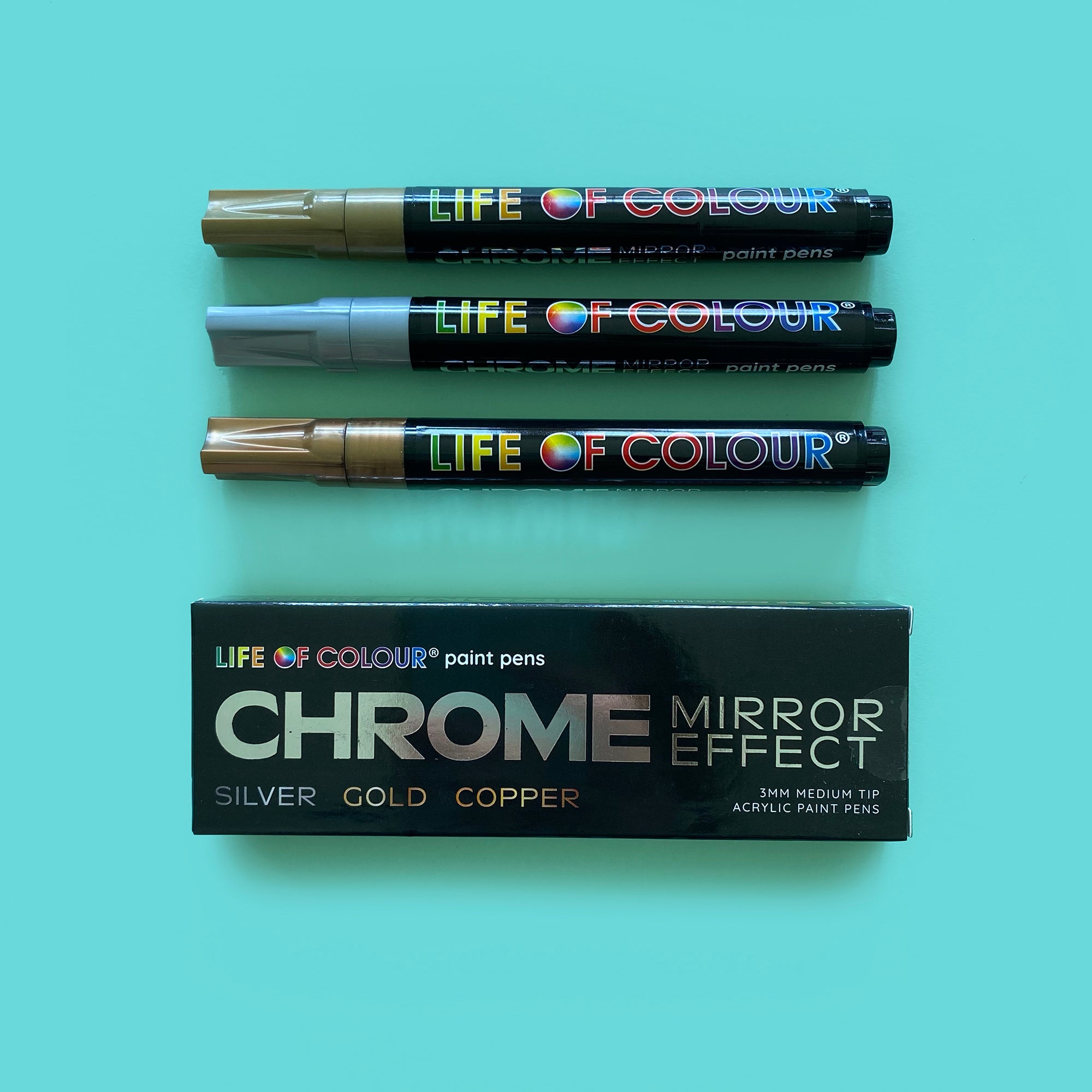 3 Life of Colour Acrylic Paint Pens - Chrome Mirror Effect - 30